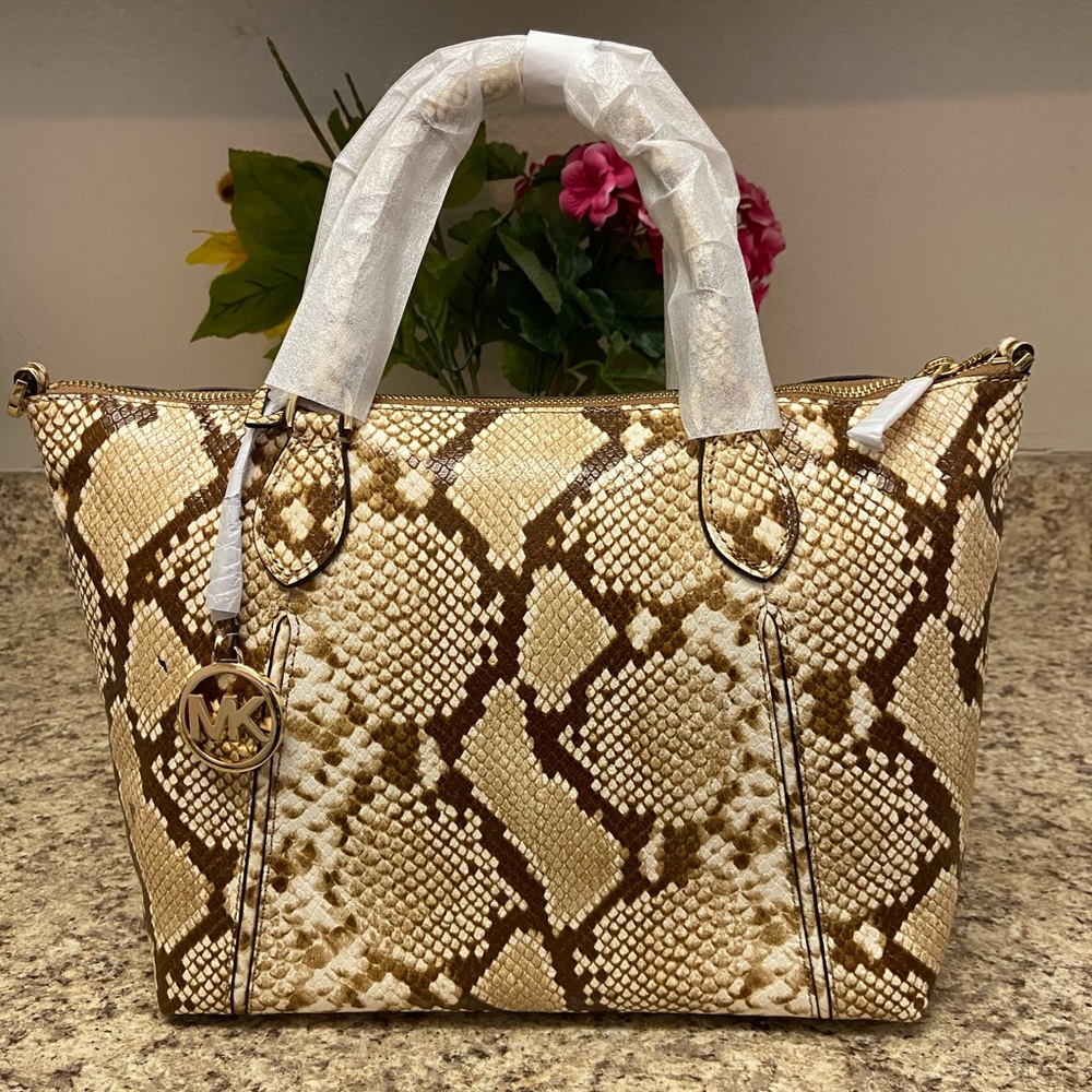 Michael KORS Lenox Large Python Embossed Leather Satchel In Natural